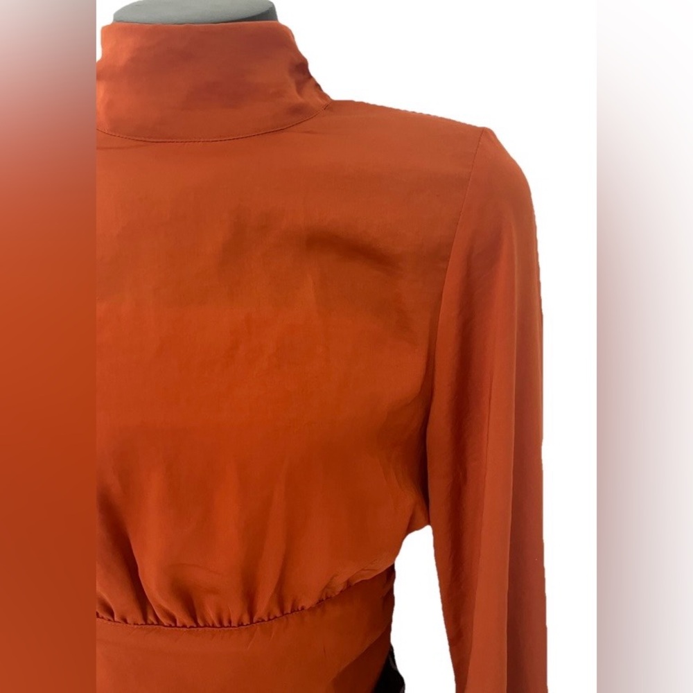 OPEN EDIT open tie-Back MOCK neck BLOUSE top in SIENNA puff SLEEVE  - GUC! S
